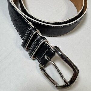 Bobby Jones Men's Black Leather Belt w White Stitching. USA,Italian Brass Buckle